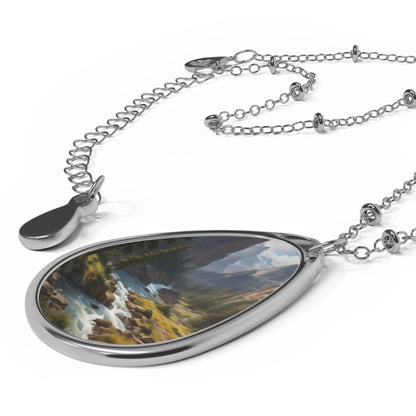 Oval Necklace — Silver Teardrop Landscape Pendant Necklace (Mountain Stream) - One Size / Silver - Accessories