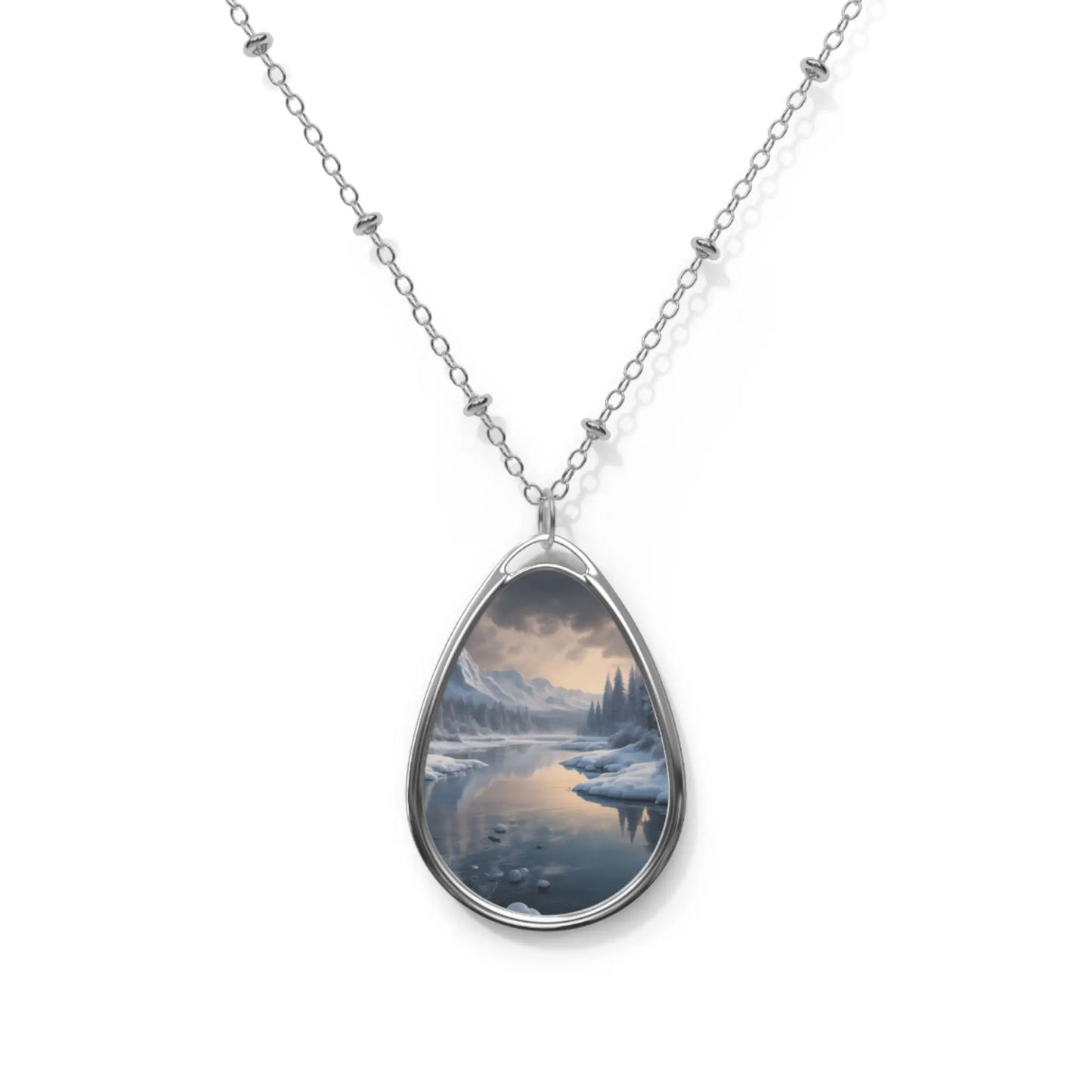 Oval Necklace — Silver Teardrop Pendant with Misty Lake Landscape Insert - One Size / Silver - Accessories