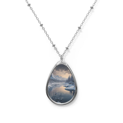 Oval Necklace — Silver Teardrop Pendant with Misty Lake Landscape Insert - One Size / Silver - Accessories
