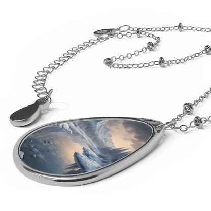 Oval Necklace — Silver Teardrop Pendant with Misty Lake Landscape Insert - One Size / Silver - Accessories