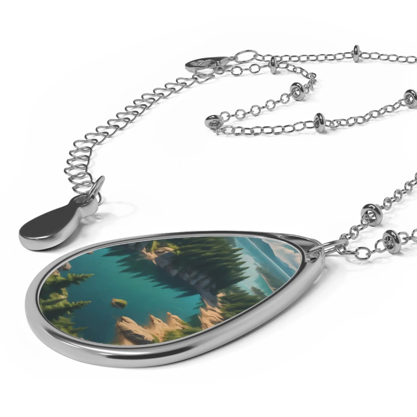Oval Necklace — Teal Mountain Lake Landscape Pendant Necklace - One Size / Silver - Accessories