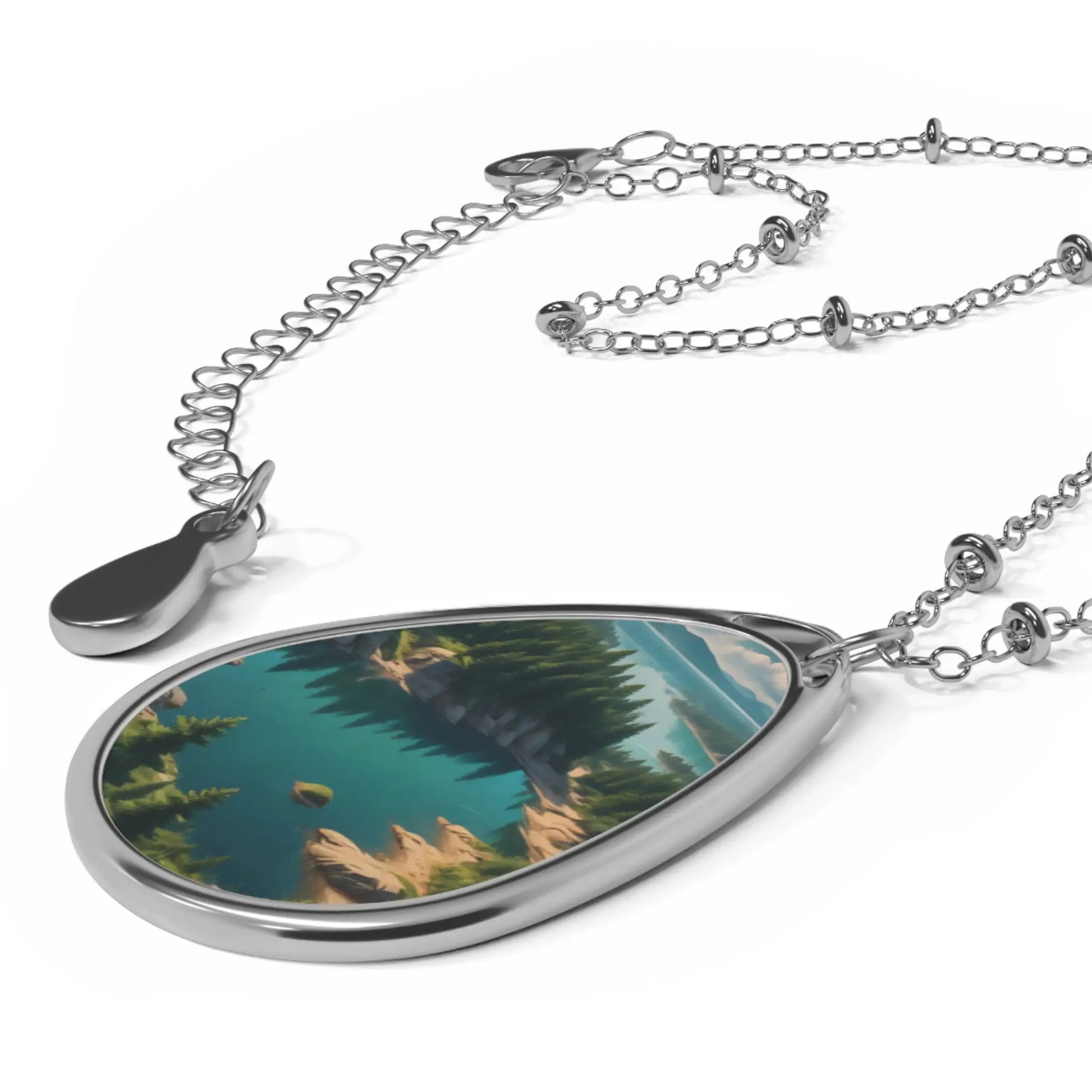 Oval Necklace — Teal Mountain Lake Landscape Pendant Necklace - One Size / Silver - Accessories