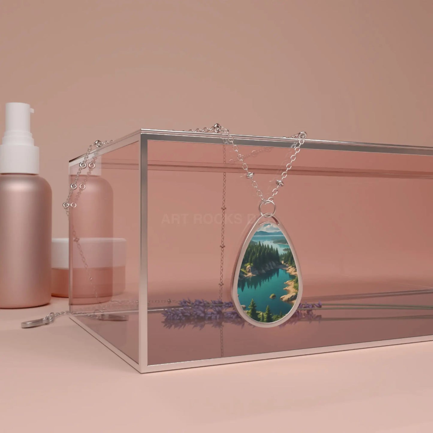 Oval Necklace — Teal Mountain Lake Landscape Pendant Necklace - One Size / Silver - Accessories