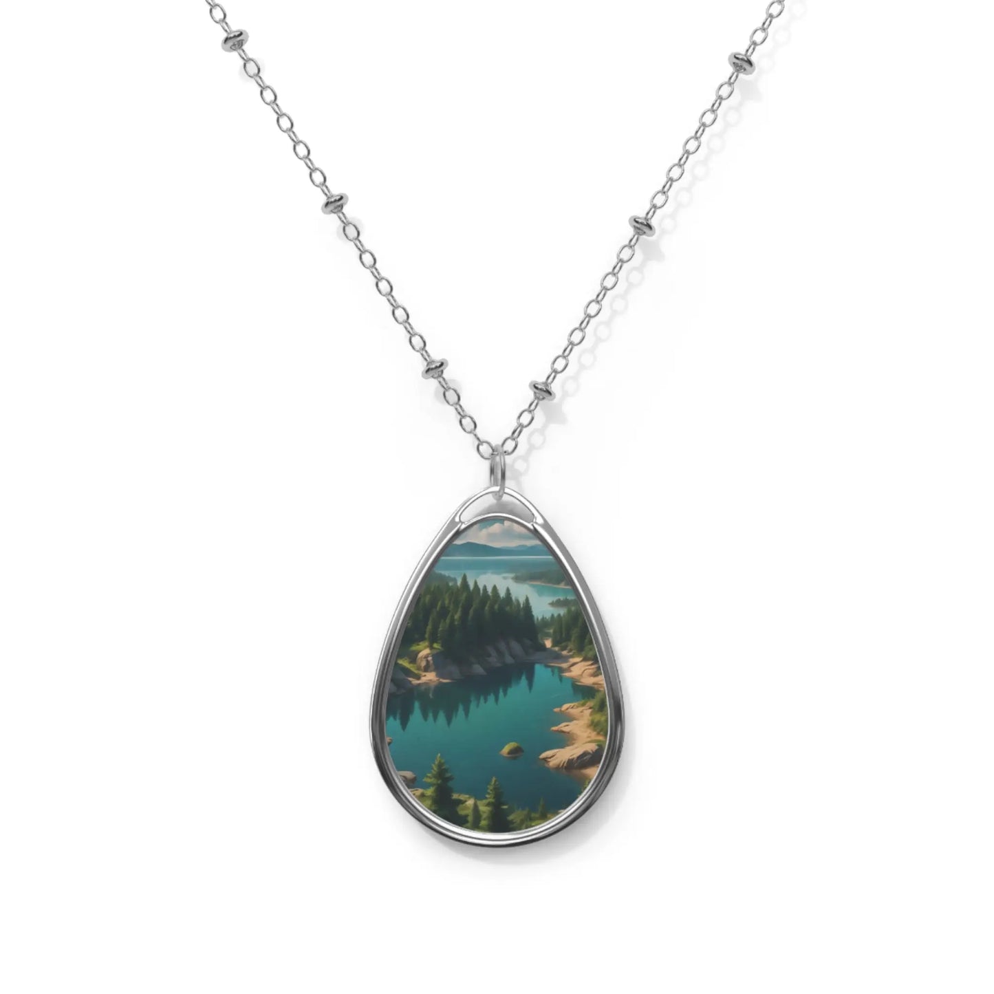 Oval Necklace — Teal Mountain Lake Landscape Pendant Necklace - One Size / Silver - Accessories