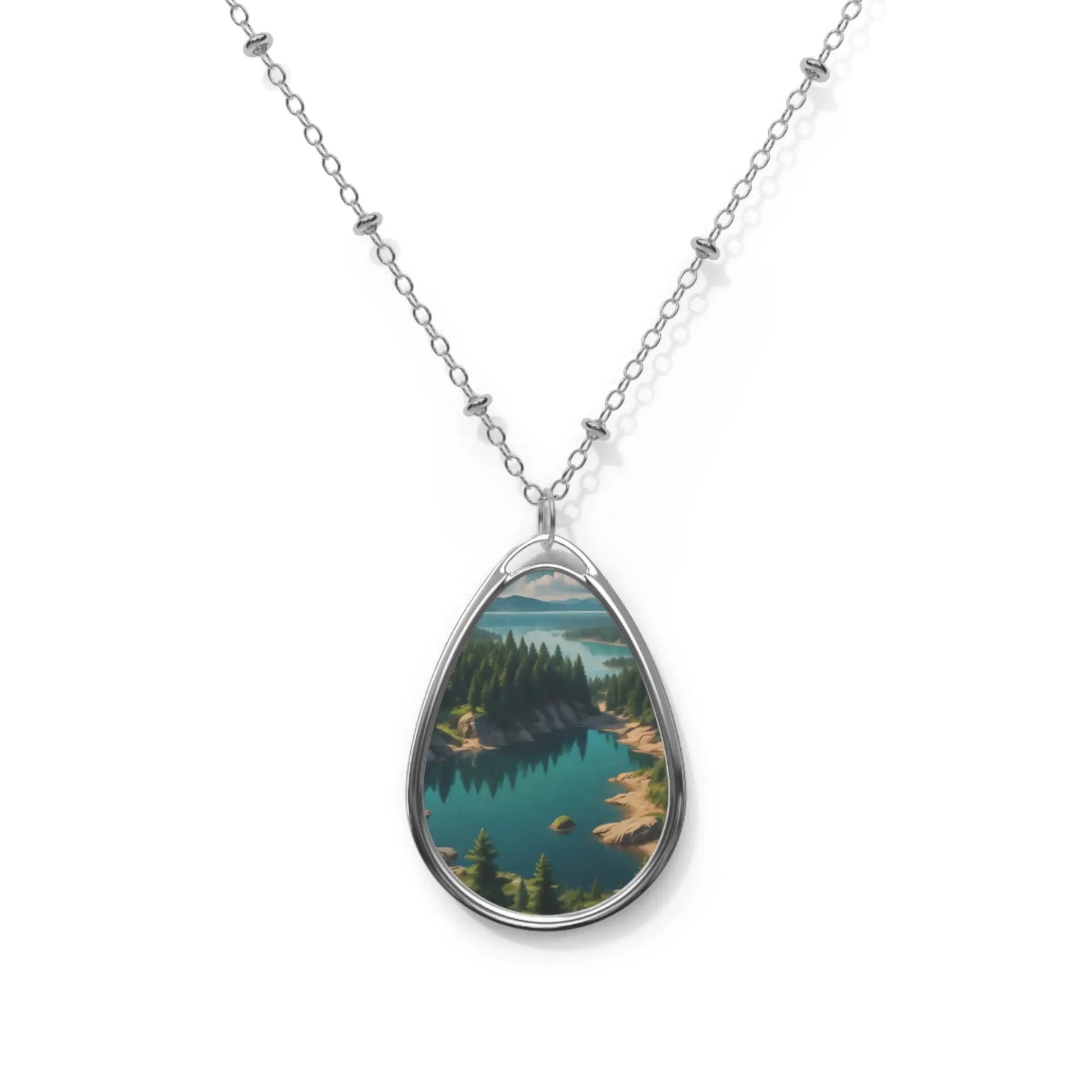 Oval Necklace — Teal Mountain Lake Landscape Pendant Necklace - One Size / Silver - Accessories