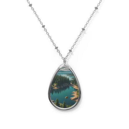 Oval Necklace — Teal Mountain Lake Landscape Pendant Necklace - One Size / Silver - Accessories