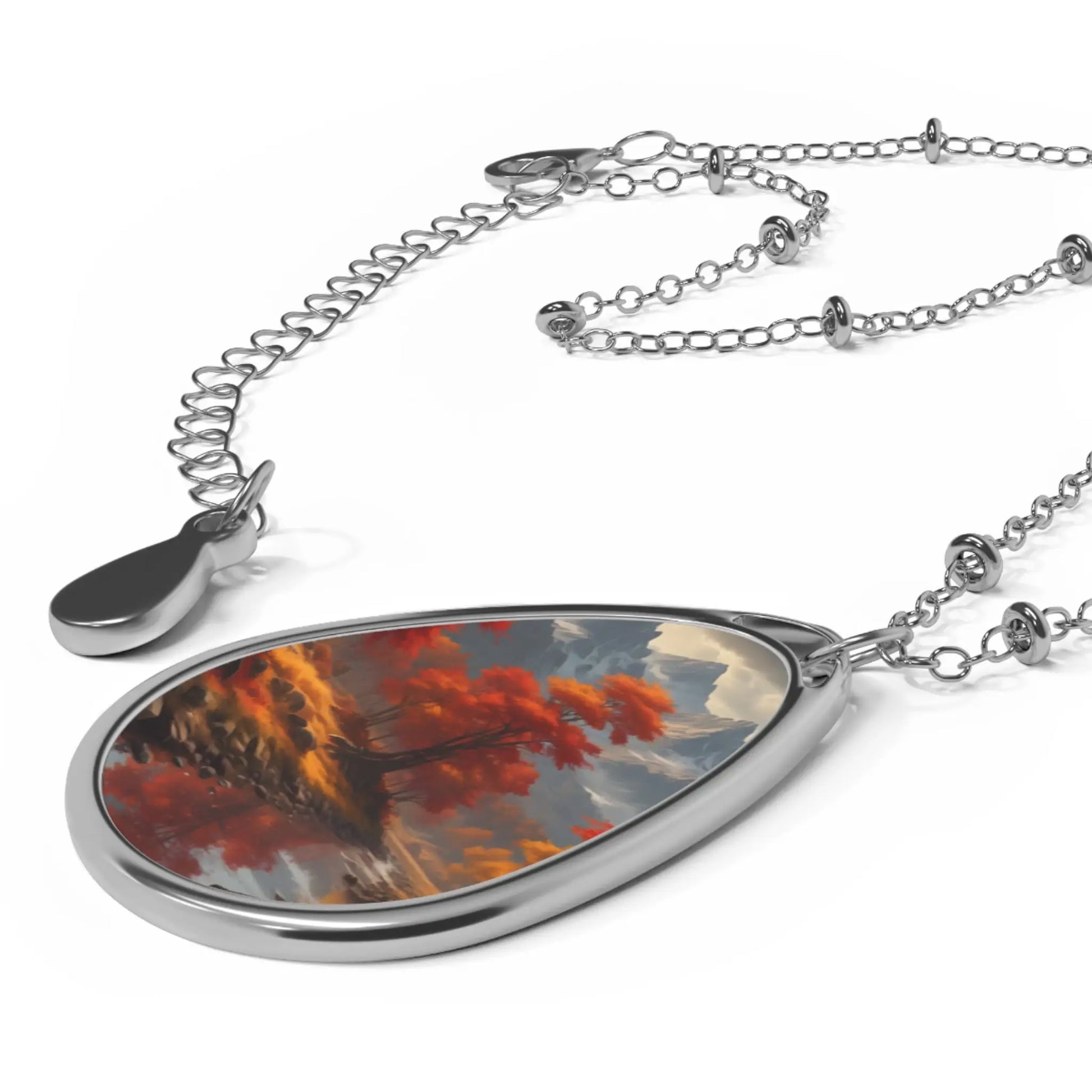 Oval Pendant Necklace — Autumn Lake Teardrop Art Necklace - One Size / Silver - Accessories