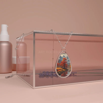 Oval Pendant Necklace — Autumn Lake Teardrop Art Necklace - One Size / Silver - Accessories