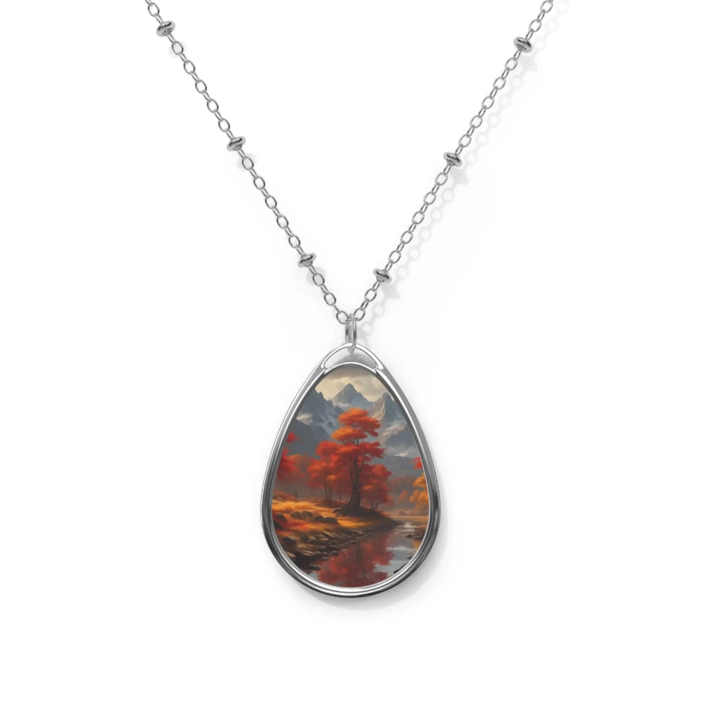Oval Pendant Necklace — Autumn Lake Teardrop Art Necklace - One Size / Silver - Accessories
