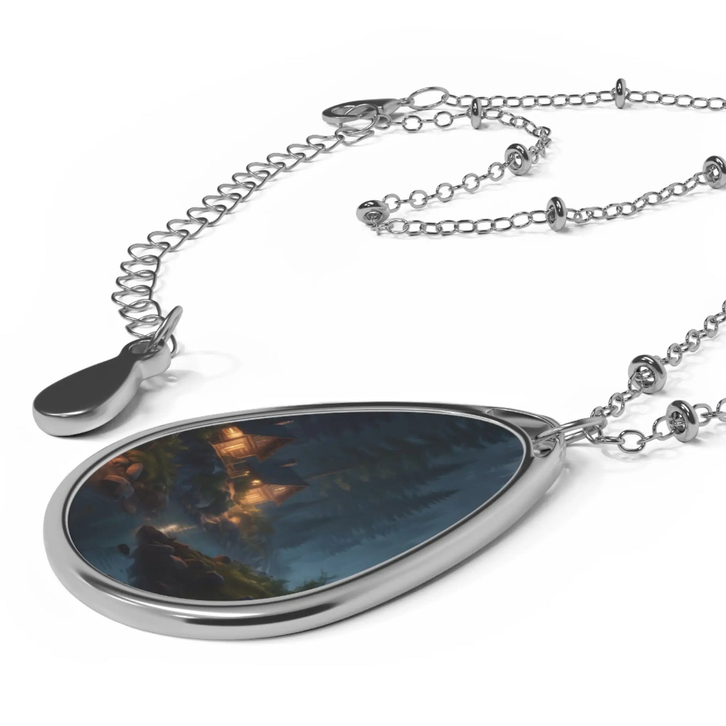 Oval Pendant Necklace — Cozy Cabin Nightscape Teardrop Locket - One Size / Silver - Accessories