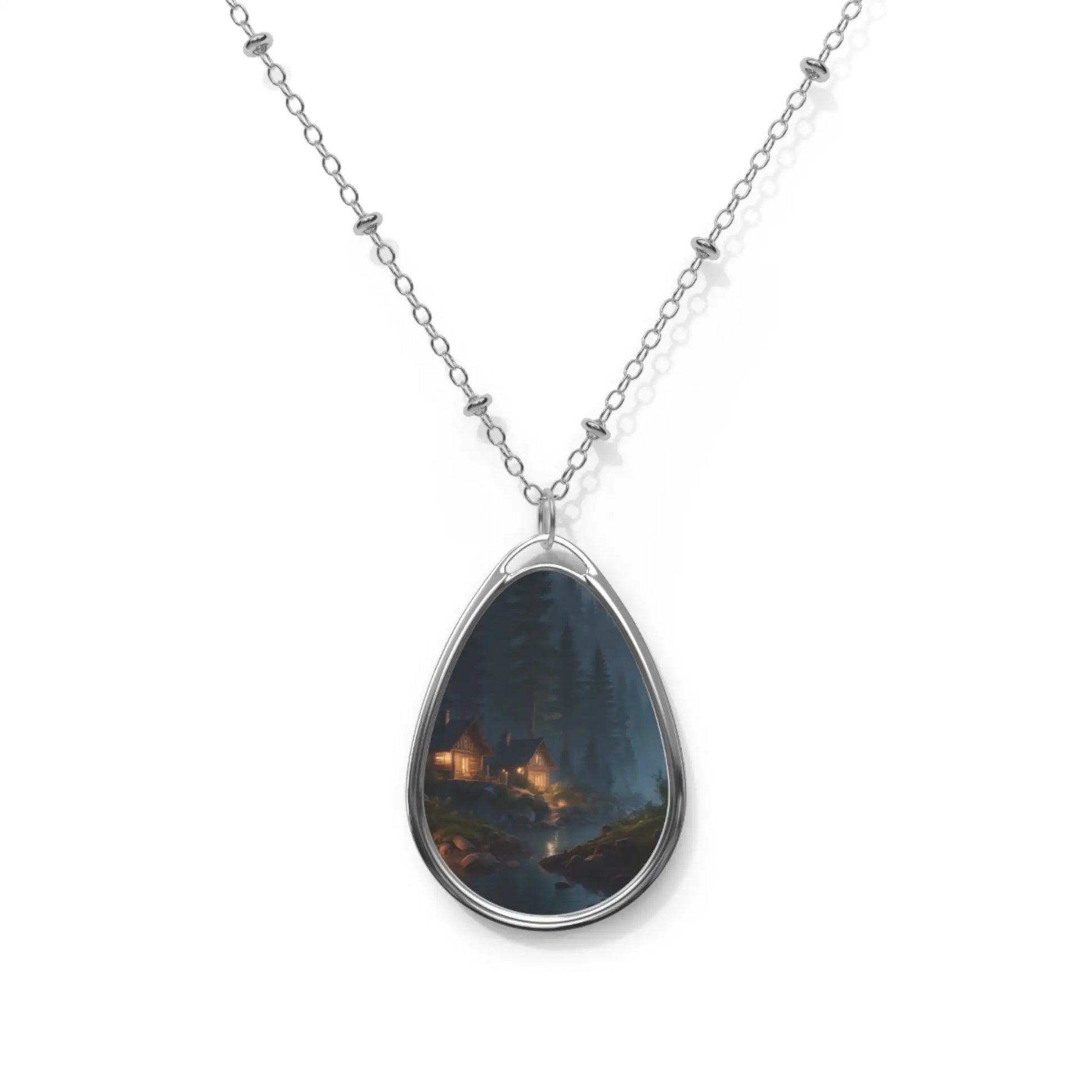 Oval Pendant Necklace — Cozy Cabin Nightscape Teardrop Locket - One Size / Silver - Accessories