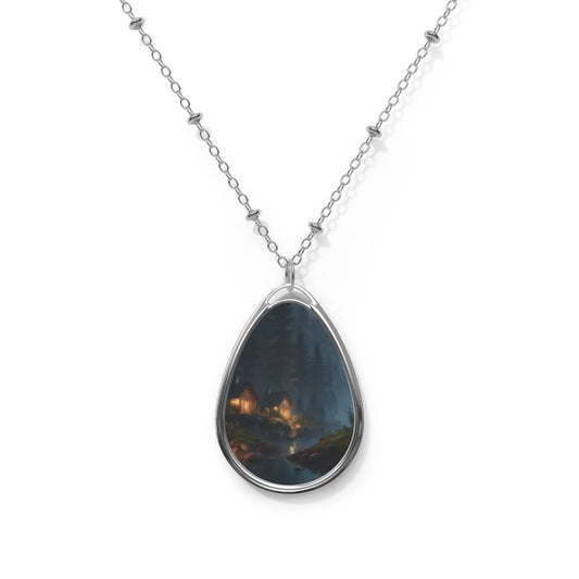 Oval Pendant Necklace — Cozy Cabin Nightscape Teardrop Locket - One Size / Silver - Accessories