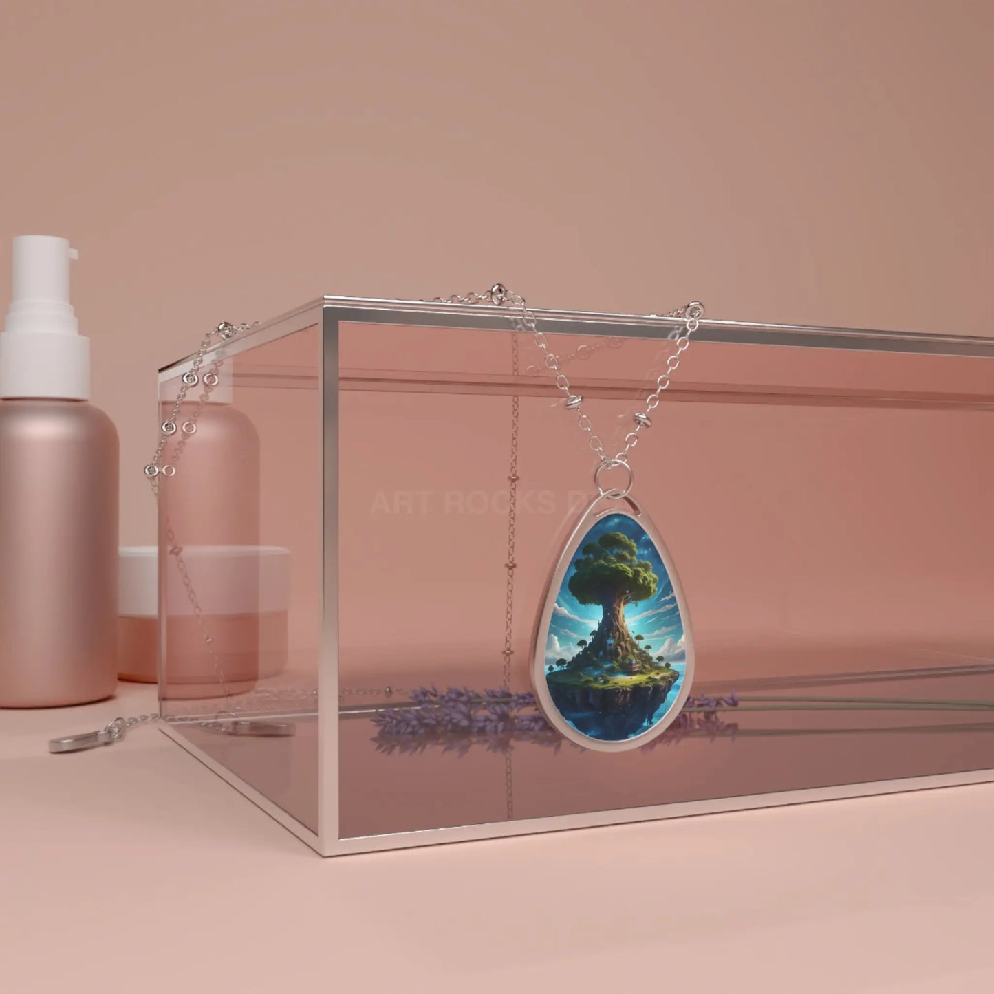 Oval Pendant Necklace — Floating Tree Island Teardrop Necklace - One Size / Silver - Accessories