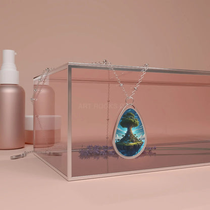 Oval Pendant Necklace — Floating Tree Island Teardrop Necklace - One Size / Silver - Accessories