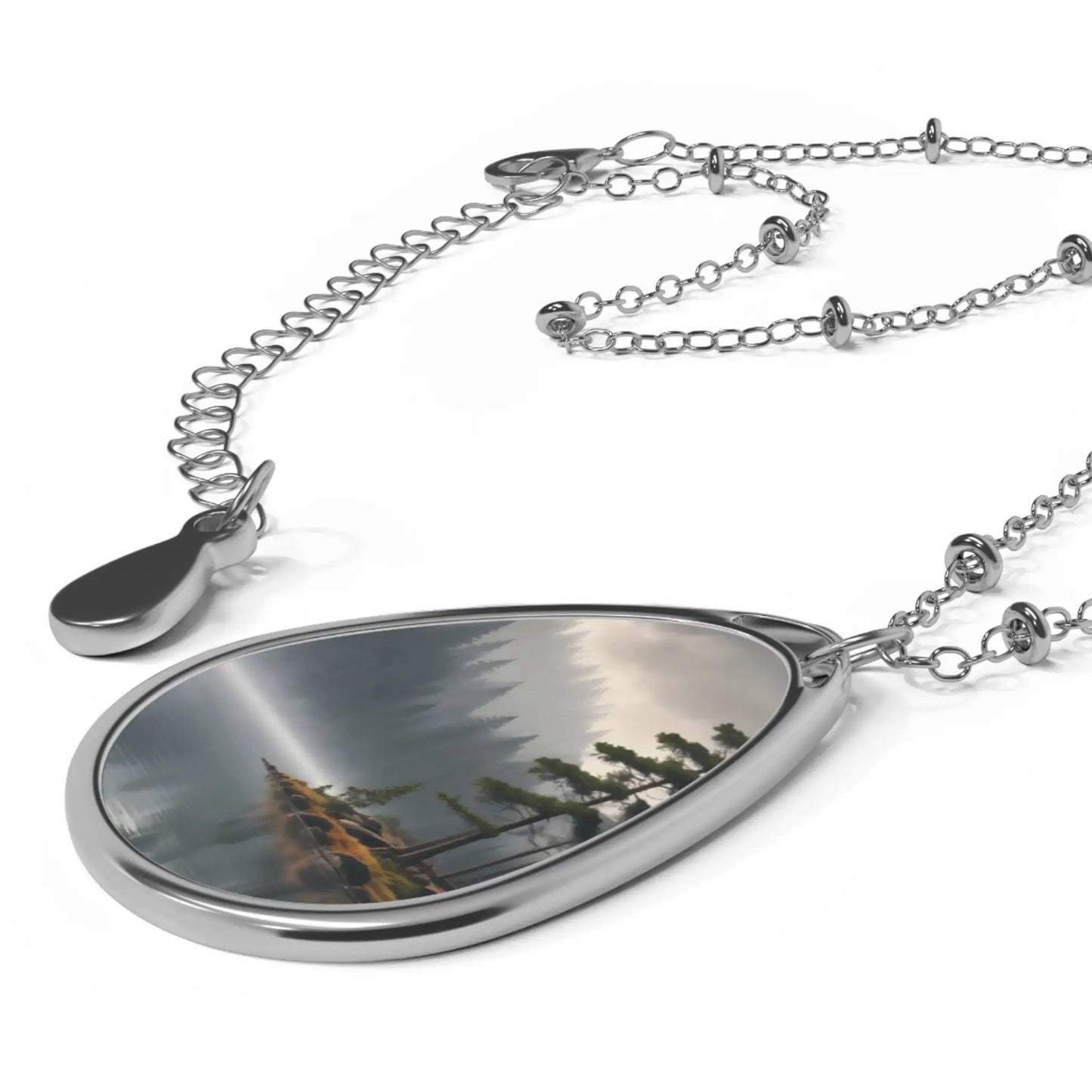 Oval Pendant Necklace — Misty Lake Scenic Teardrop - One Size / Silver - Accessories