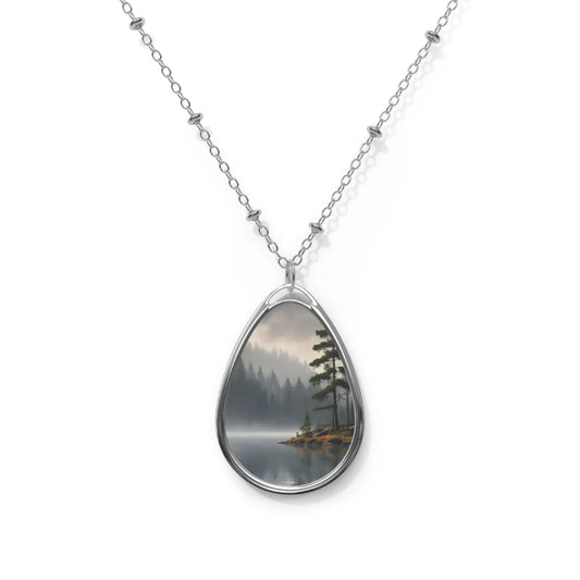 Oval Pendant Necklace — Misty Lake Scenic Teardrop - One Size / Silver - Accessories
