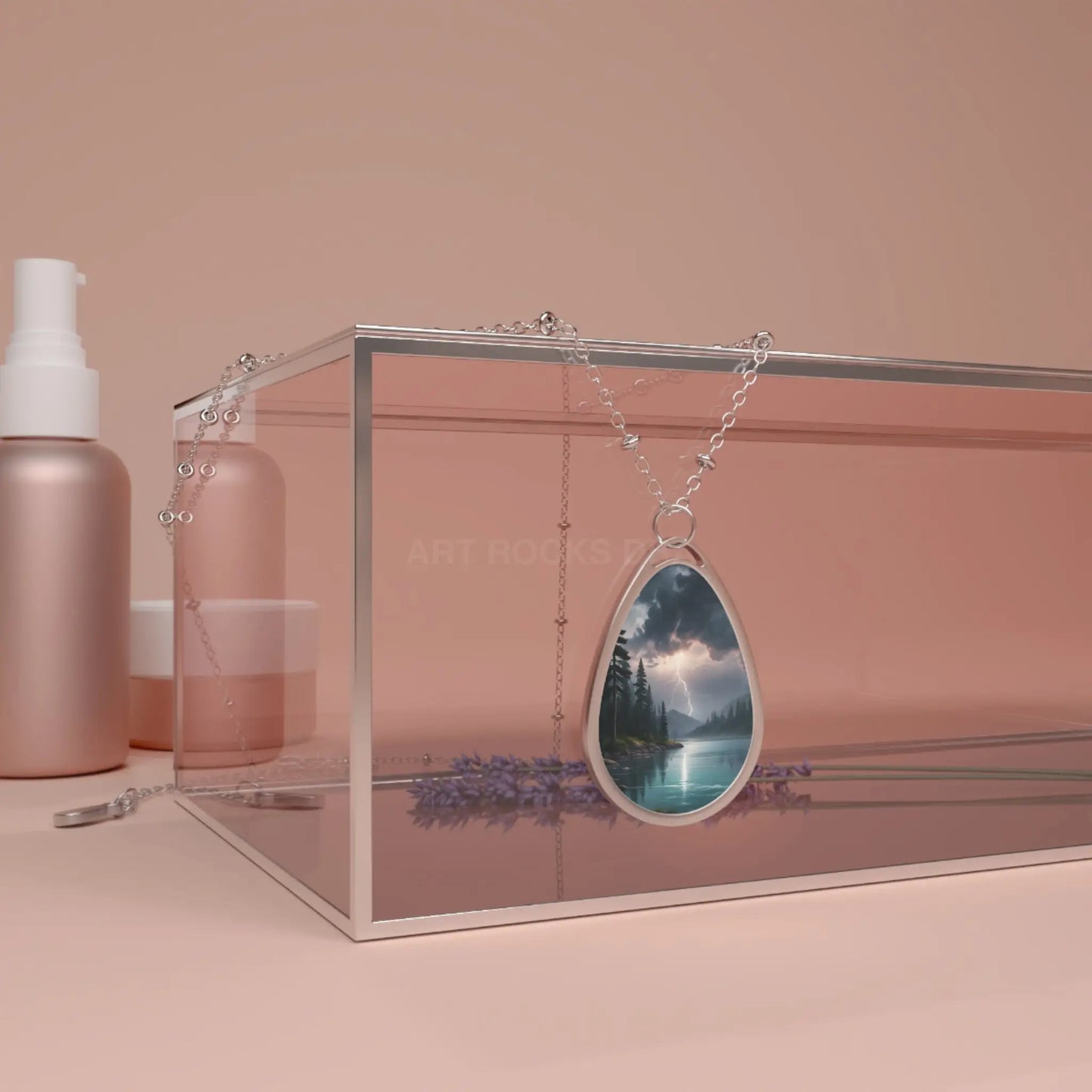 Oval Pendant Necklace — Moody Lake Landscape Teardrop Jewelry - One Size / Silver - Accessories