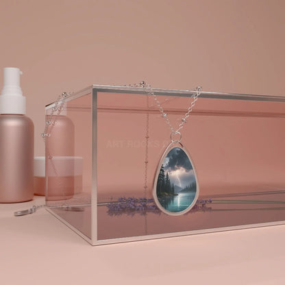 Oval Pendant Necklace — Moody Lake Landscape Teardrop Jewelry - One Size / Silver - Accessories