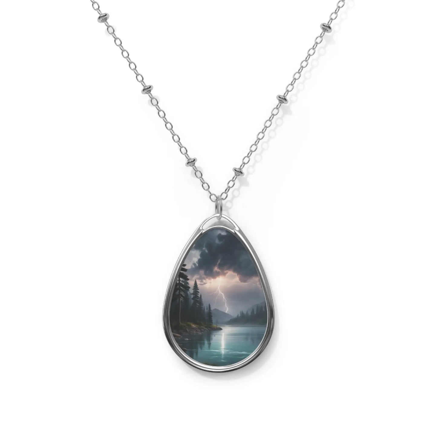 Oval Pendant Necklace — Moody Lake Landscape Teardrop Jewelry - One Size / Silver - Accessories
