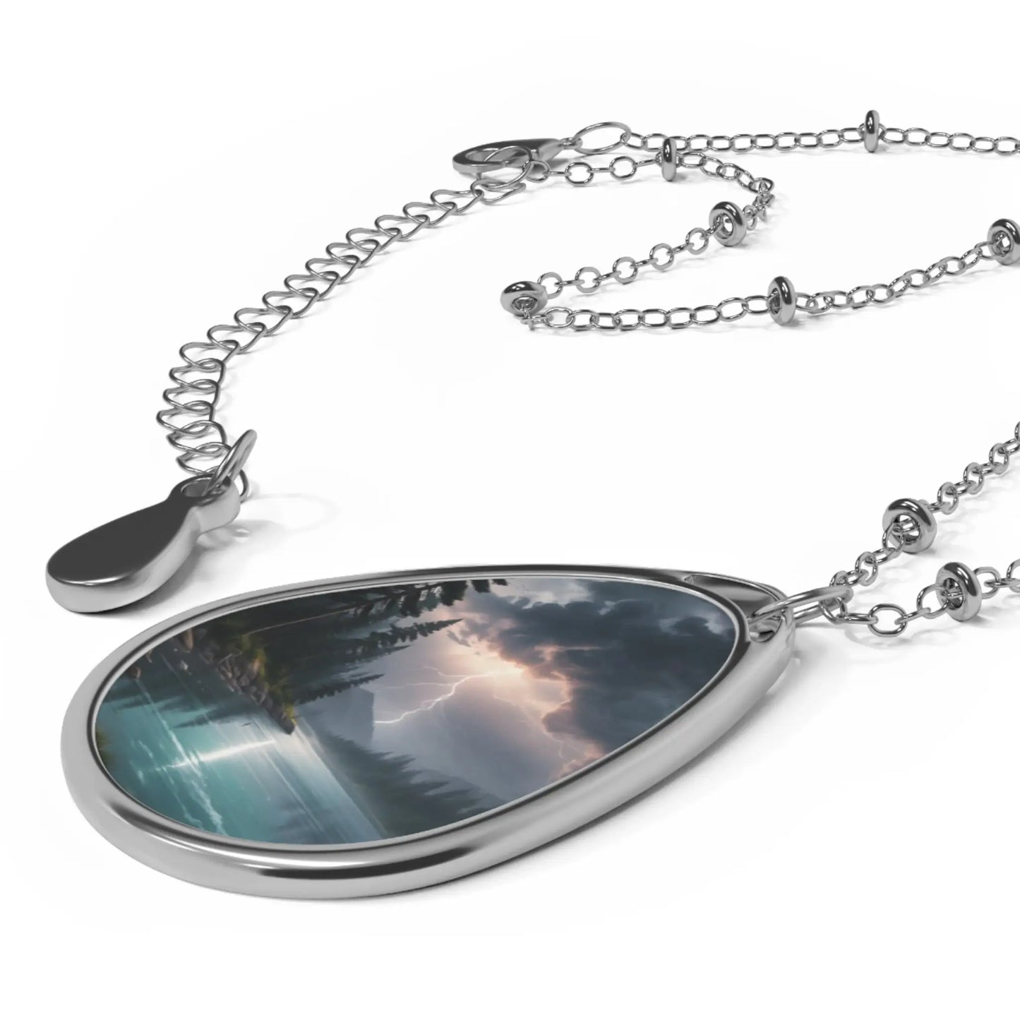 Oval Pendant Necklace — Moody Lake Landscape Teardrop Jewelry - One Size / Silver - Accessories