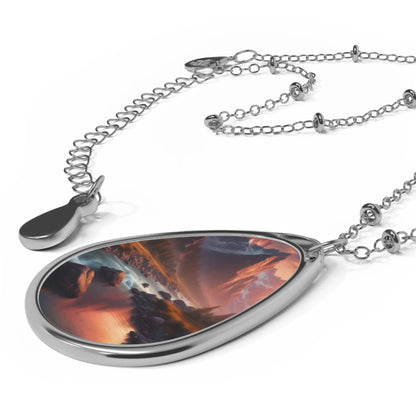 Oval Pendant Necklace — Mountain Sunset Photo Teardrop Necklace - One Size / Silver - Accessories