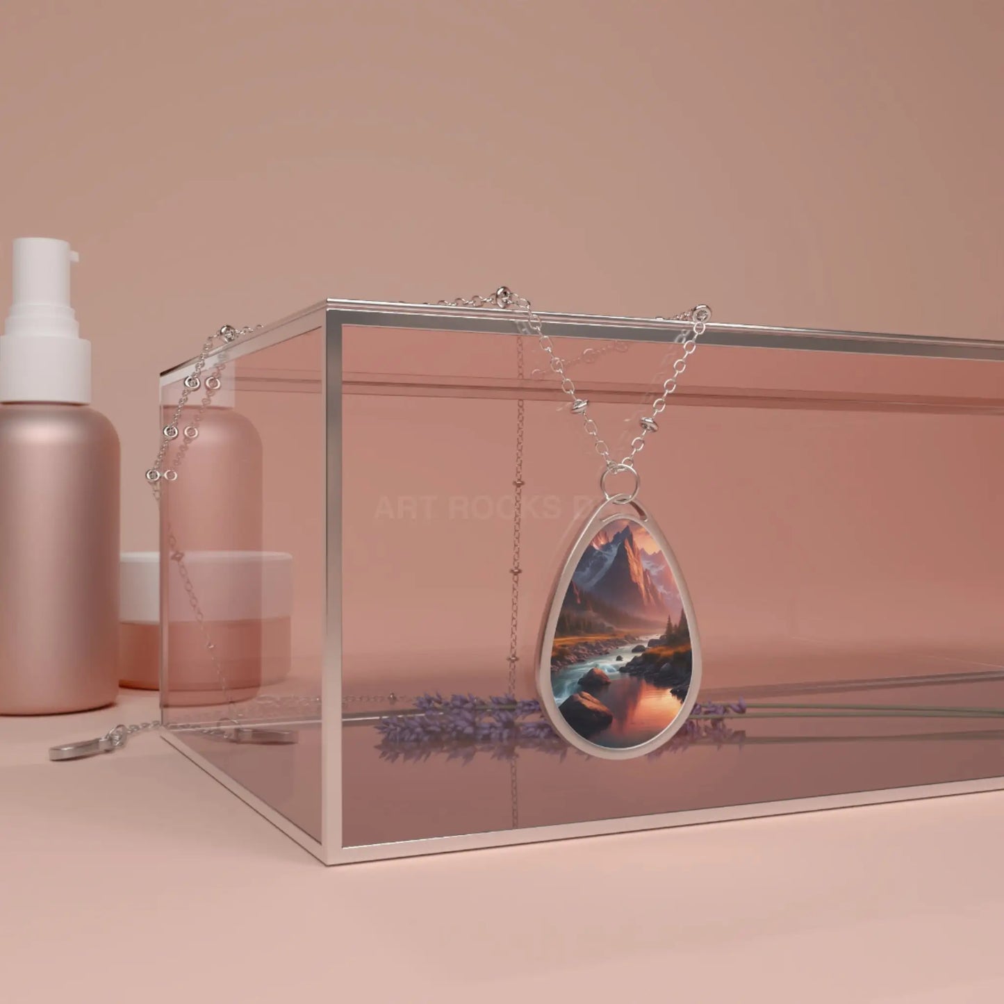 Oval Pendant Necklace — Mountain Sunset Photo Teardrop Necklace - One Size / Silver - Accessories