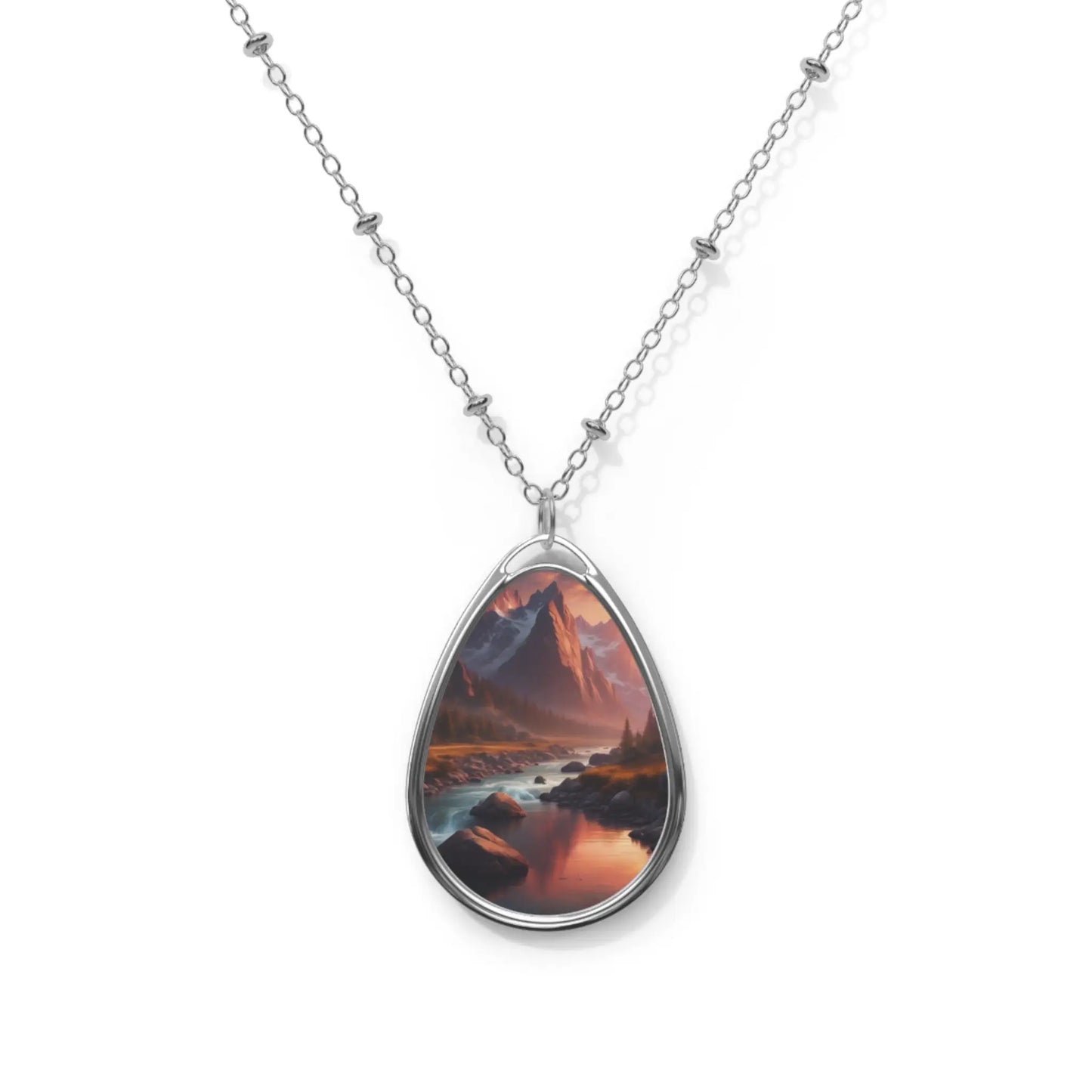 Oval Pendant Necklace — Mountain Sunset Photo Teardrop Necklace - One Size / Silver - Accessories