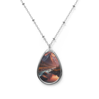 Oval Pendant Necklace — Mountain Sunset Photo Teardrop Necklace - One Size / Silver - Accessories