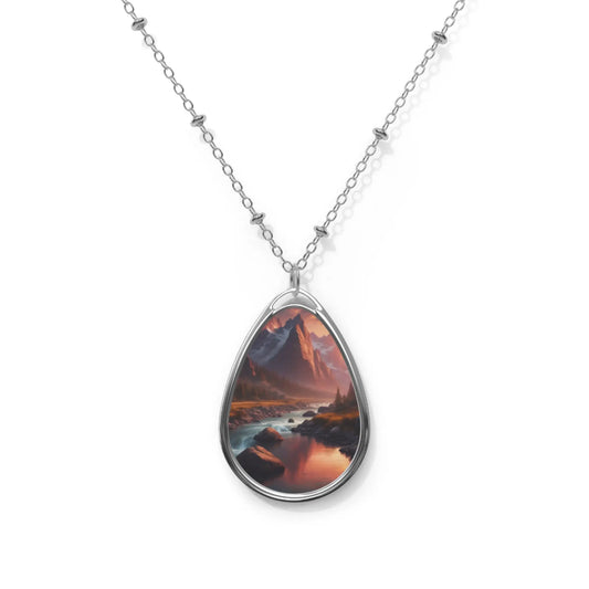 Oval Pendant Necklace — Mountain Sunset Photo Teardrop Necklace - One Size / Silver - Accessories