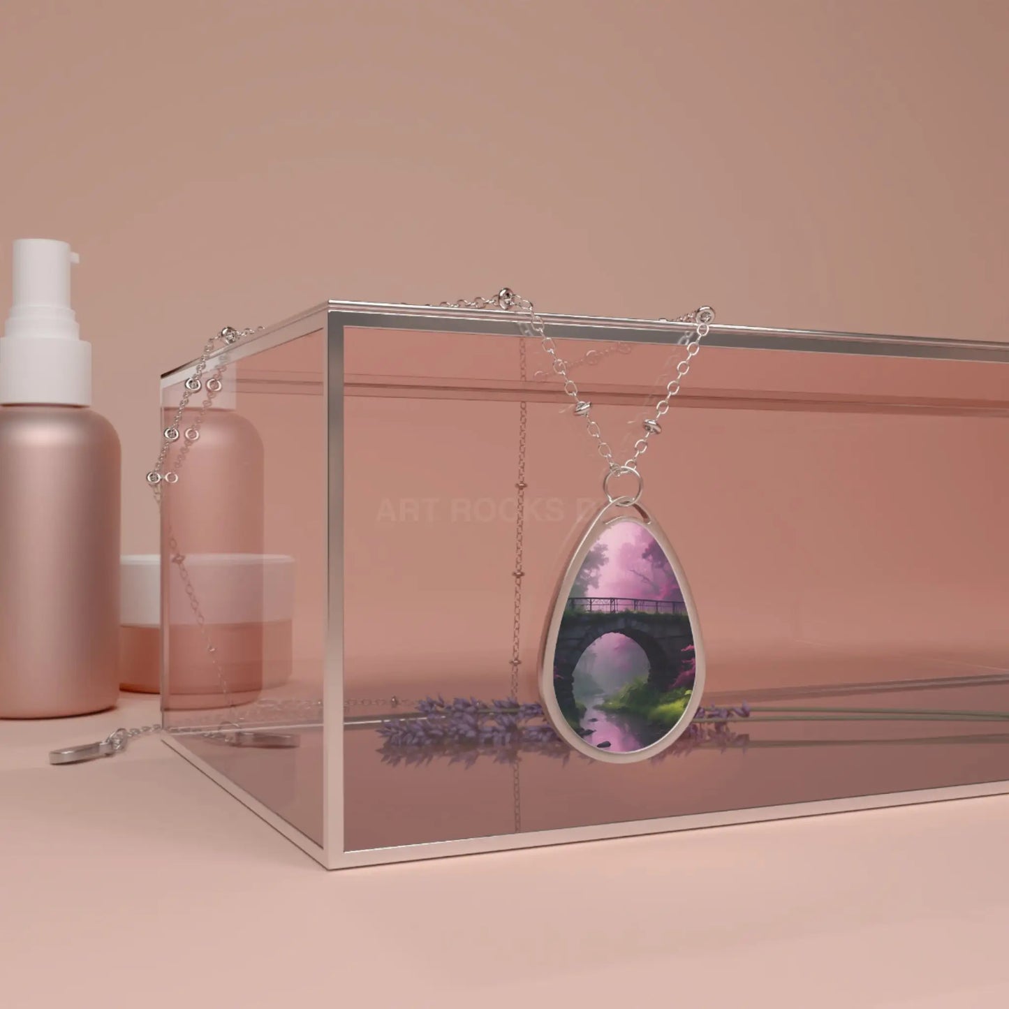 Oval Pendant Necklace — Pink Bridge Scenic Teardrop Locket - One Size / Silver - Accessories