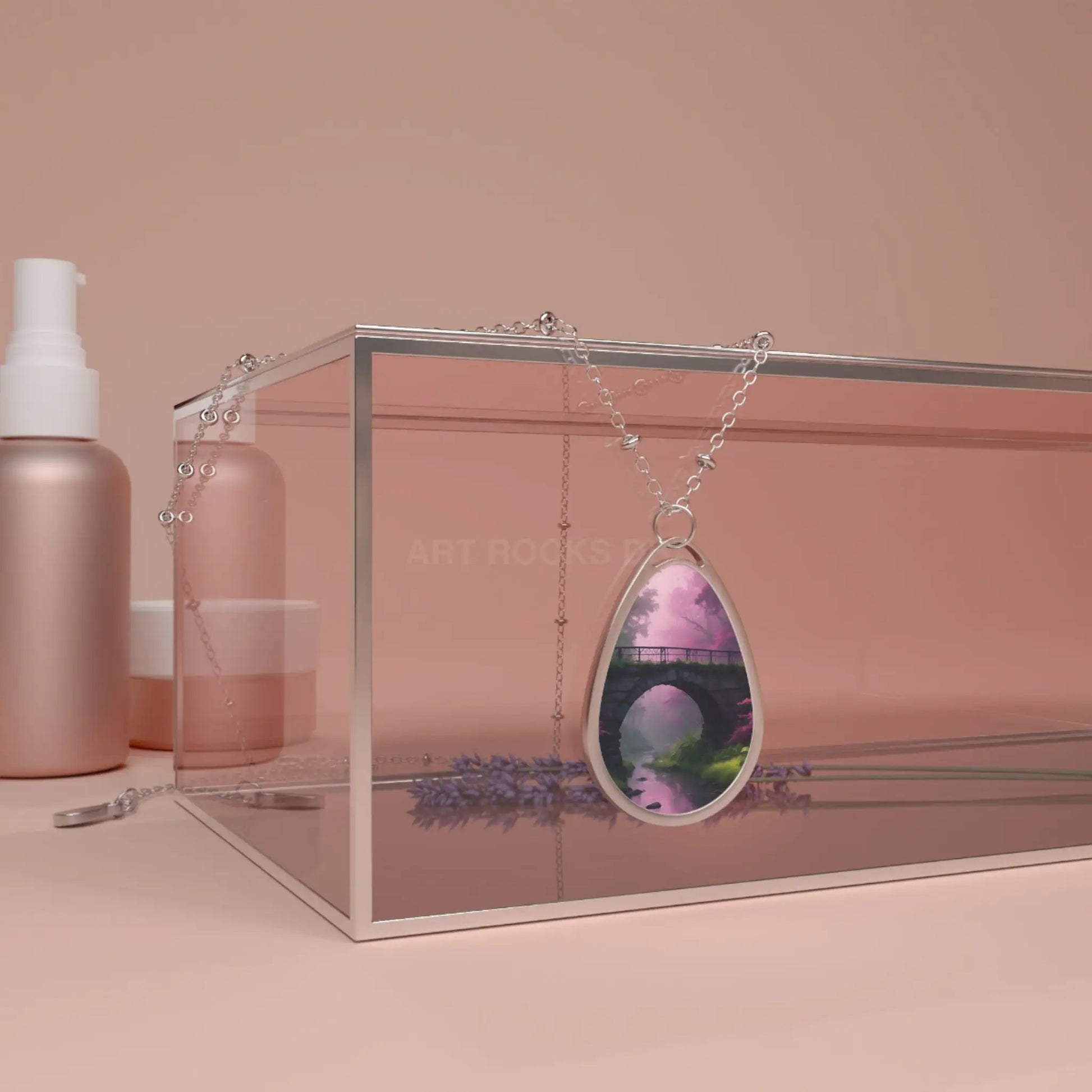 Oval Pendant Necklace — Pink Bridge Scenic Teardrop Locket - One Size / Silver - Accessories