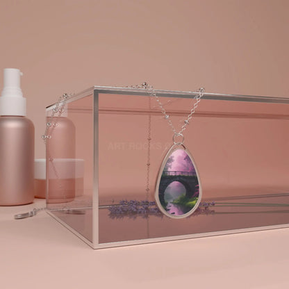 Oval Pendant Necklace — Pink Bridge Scenic Teardrop Locket - One Size / Silver - Accessories