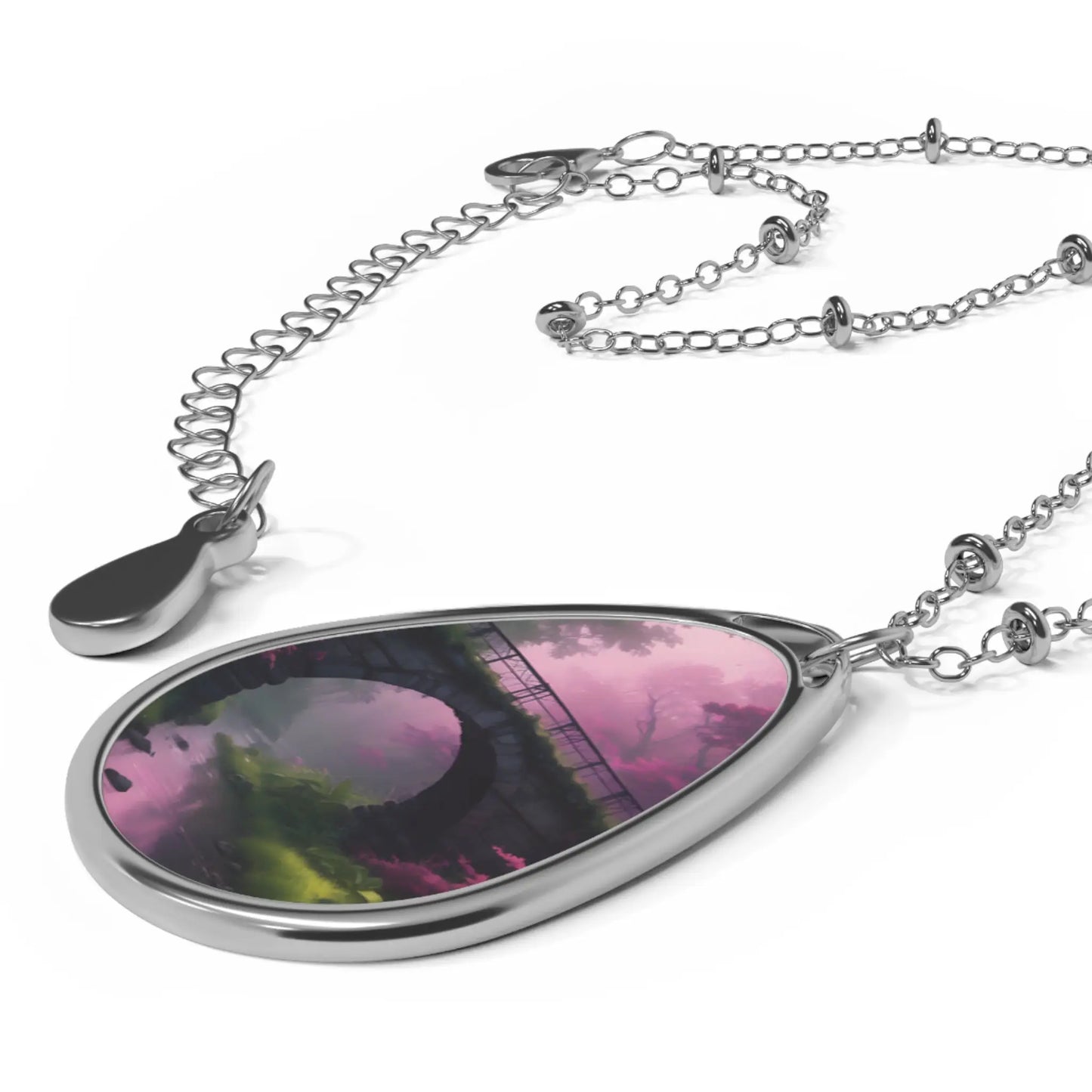 Oval Pendant Necklace — Pink Bridge Scenic Teardrop Locket - One Size / Silver - Accessories