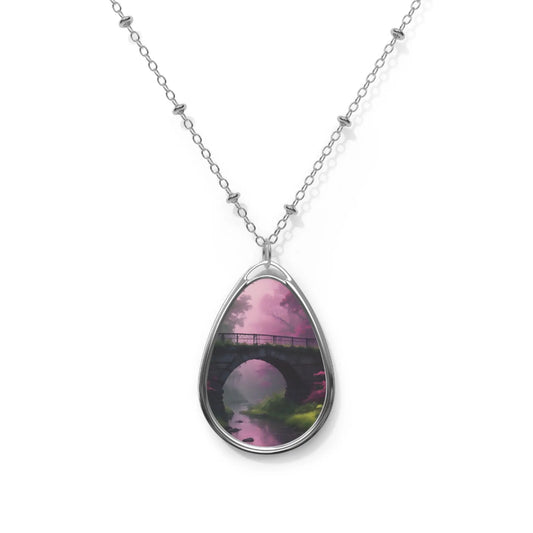 Oval Pendant Necklace — Pink Bridge Scenic Teardrop Locket - One Size / Silver - Accessories