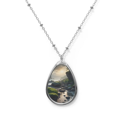 Oval Pendant Necklace — Scenic Mossy Stream - One Size / Silver - Accessories