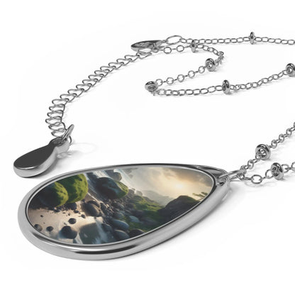Oval Pendant Necklace — Scenic Mossy Stream - One Size / Silver - Accessories