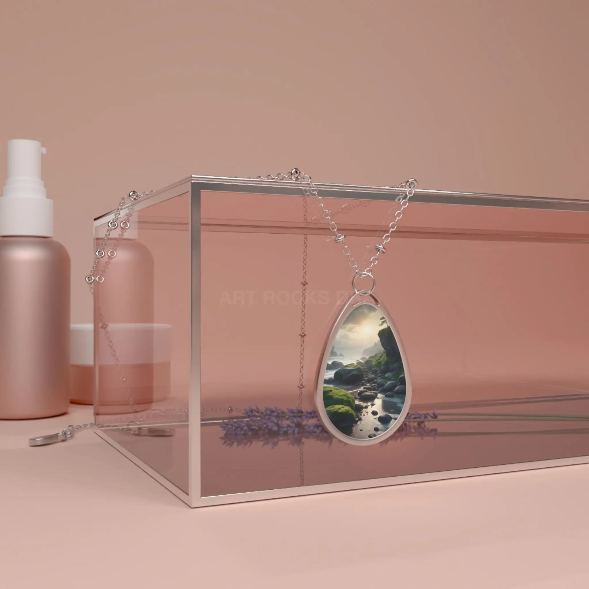 Oval Pendant Necklace — Scenic Mossy Stream - One Size / Silver - Accessories