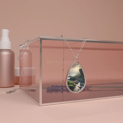 Oval Pendant Necklace — Scenic Mossy Stream - One Size / Silver - Accessories