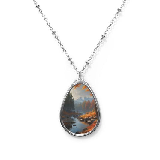 Oval Pendant Necklace — Scenic Mountain Stream Teardrop Jewelry - One Size / Silver - Accessories