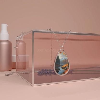 Oval Pendant Necklace — Scenic Mountain Stream Teardrop Jewelry - One Size / Silver - Accessories