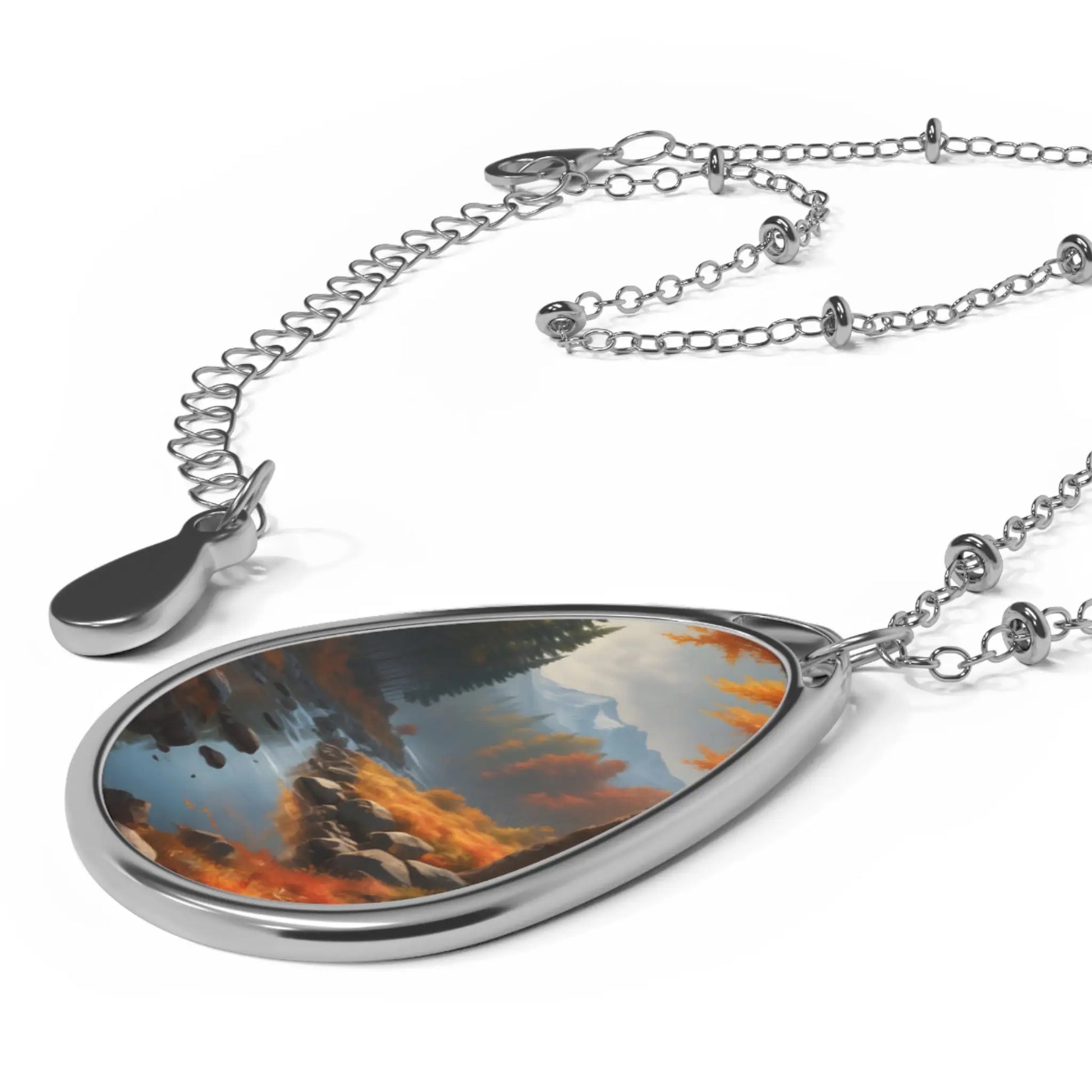 Oval Pendant Necklace — Scenic Mountain Stream Teardrop Jewelry - One Size / Silver - Accessories