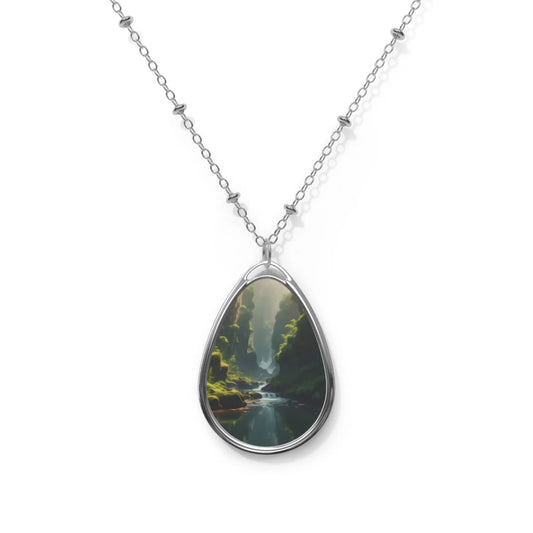 Oval Pendant Necklace — Scenic Waterfall Photo Teardrop Necklace - One Size / Silver - Accessories