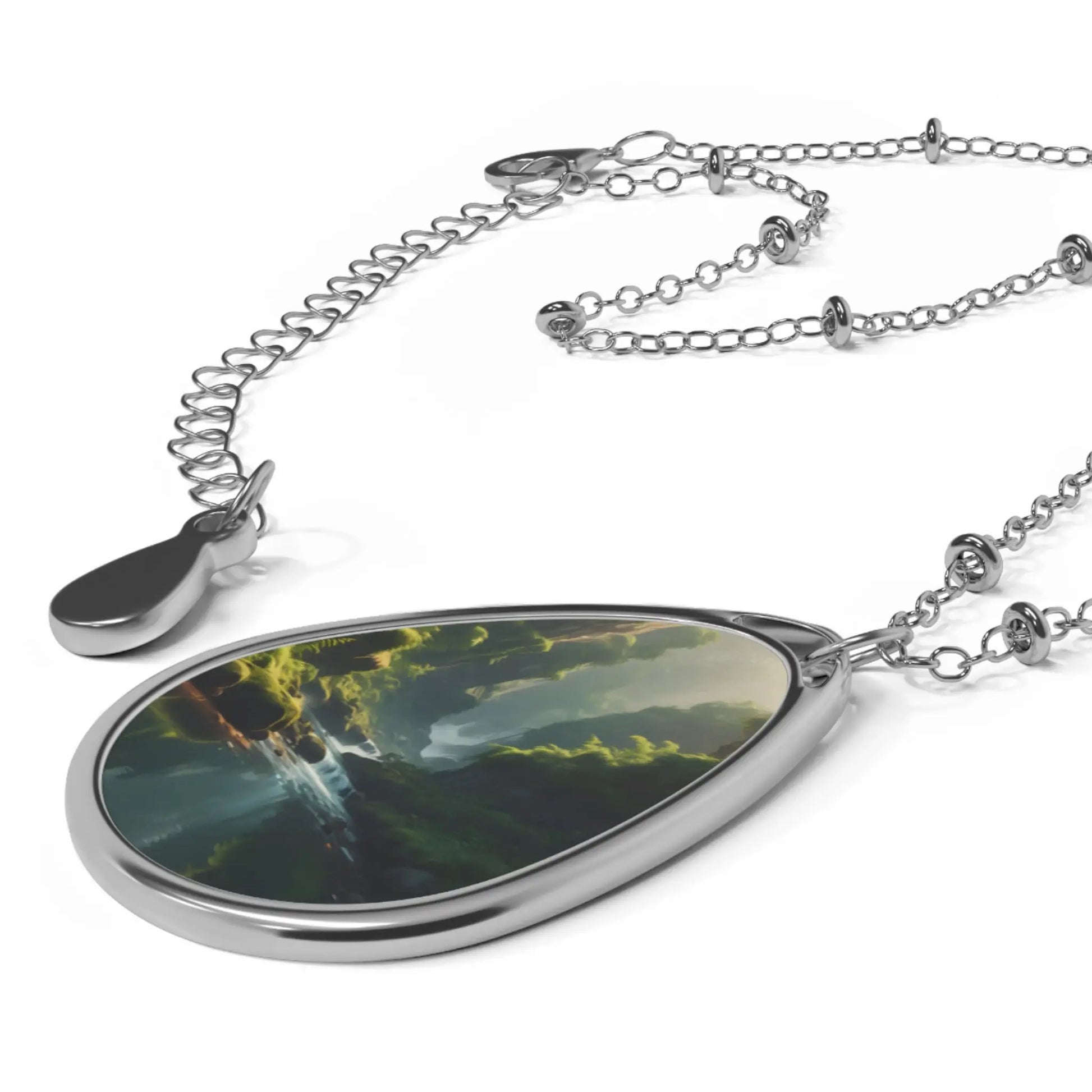 Oval Pendant Necklace — Scenic Waterfall Photo Teardrop Necklace - One Size / Silver - Accessories