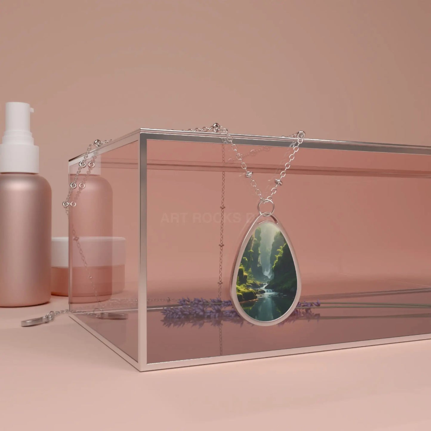 Oval Pendant Necklace — Scenic Waterfall Photo Teardrop Necklace - One Size / Silver - Accessories