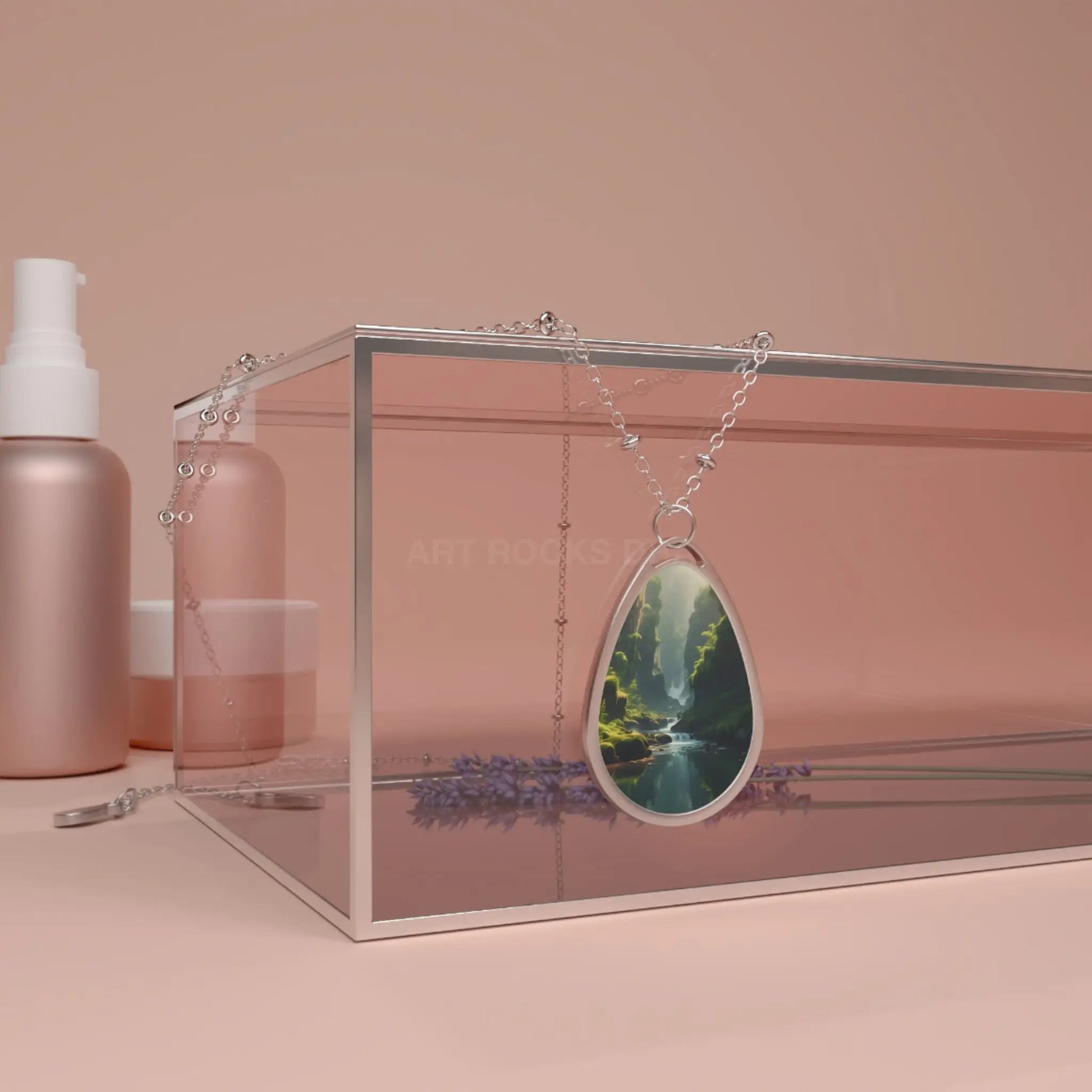 Oval Pendant Necklace — Scenic Waterfall Photo Teardrop Necklace - One Size / Silver - Accessories