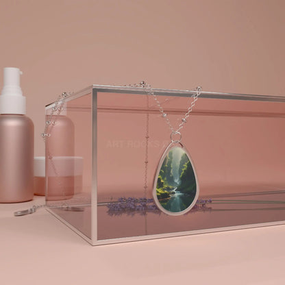 Oval Pendant Necklace — Scenic Waterfall Photo Teardrop Necklace - One Size / Silver - Accessories