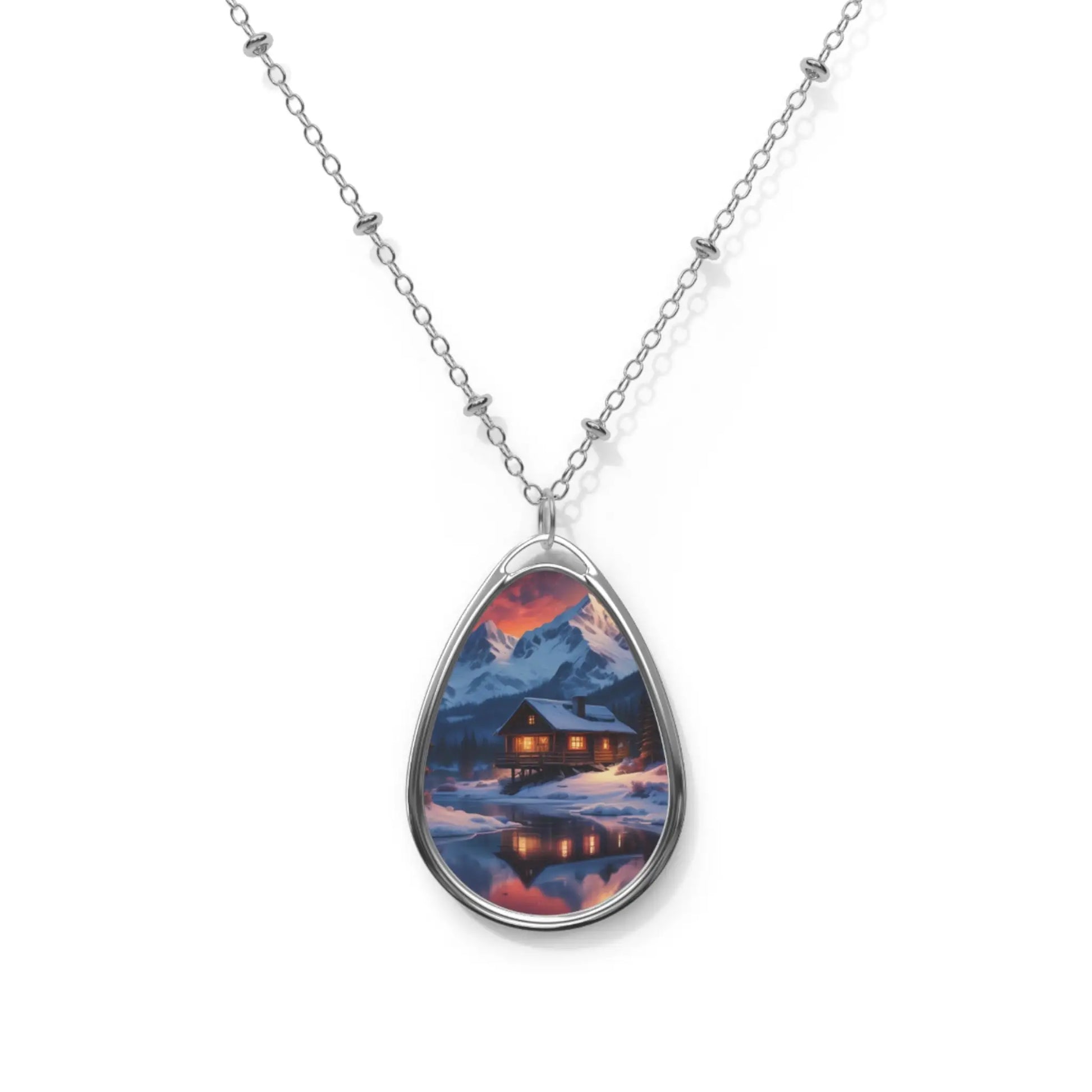 Oval Pendant Necklace — Winter Cabin Scenic Teardrop Locket - One Size / Silver - Accessories