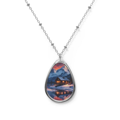 Oval Pendant Necklace — Winter Cabin Scenic Teardrop Locket - One Size / Silver - Accessories