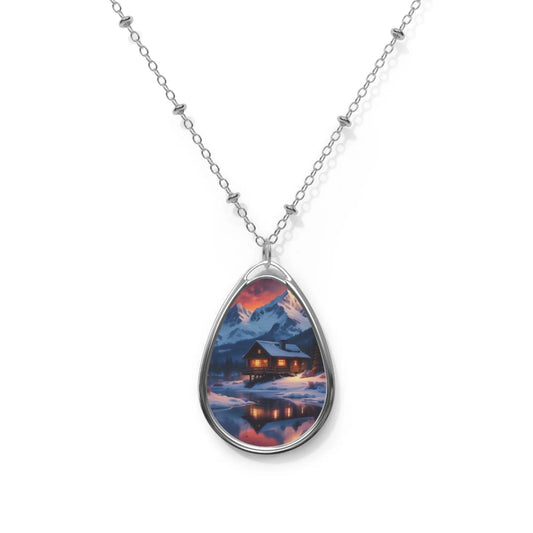 Oval Pendant Necklace — Winter Cabin Scenic Teardrop Locket - One Size / Silver - Accessories