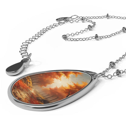 Oval Pendant Necklace with Autumn Landscape Art — Rustic Nature Teardrop Jewelry - One Size / Silver - Accessories